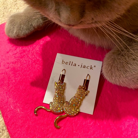 Cat Rhinestone Sparkle Crystal Gold Color Earrings - Picture 5 of 5